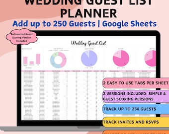 May include: A digital wedding guest list planner displayed on a laptop screen, featuring data tables and colourful pie charts. Text includes 'WEDDING GUEST LIST PLANNER', 'Add up to 250 Guests', 'Google Sheets', and 'Automated Guest Scoring Version Included'.