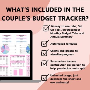 May include: A laptop screen displays a budget tracker with charts and tables in pink and white. The text reads "WHAT'S INCLUDED IN THE COUPLE'S BUDGET TRACKER?" and lists features like automated formulas and monthly budget tabs.