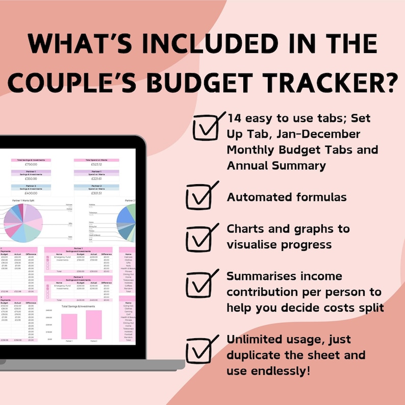 May include: A laptop screen displays a budget tracker with charts and tables in pink and white. The text reads "WHAT'S INCLUDED IN THE COUPLE'S BUDGET TRACKER?" and lists features like automated formulas and monthly budget tabs.