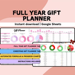 Full Year & Christmas Gift Planner Spreadsheet | Google Sheets | Holiday Budget Tracker | Shopping List | Gifting Present Organiser Tracker