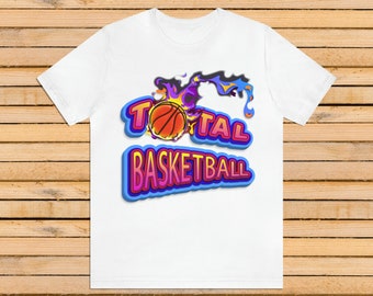 May include: White t-shirt featuring a graphic design of a basketball with flames and the text "TOTAL BASKETBALL" in colourful, 3D letters.