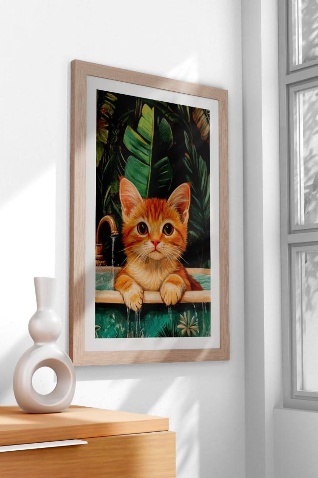 Tabby Cat Jungle Bathroom Wall Art Print – Boho Tropical Kitten Poster ...