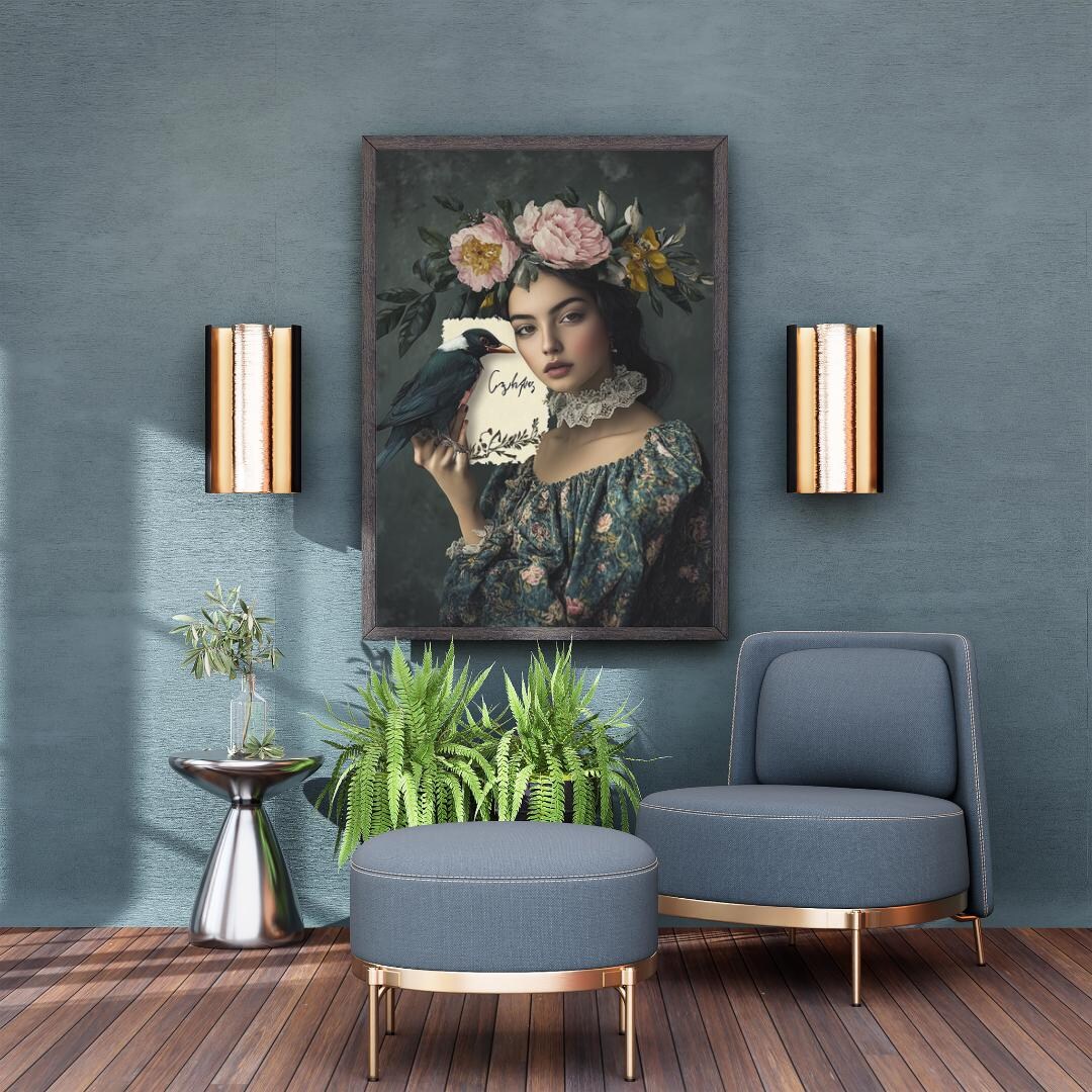 Vintage Floral Portrait Wall Art – Woman With Bird & Flowers | Baroque ...