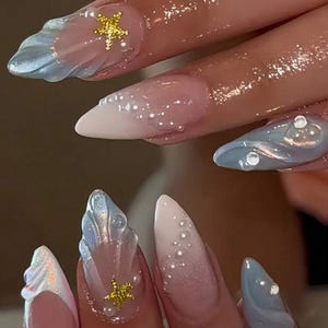 Tropical Flower Nails / 3D Pink Flower Design with Seashells / Handmade Acrylic Nails with Pearl and Gold Accents / Summer Vacation Nails