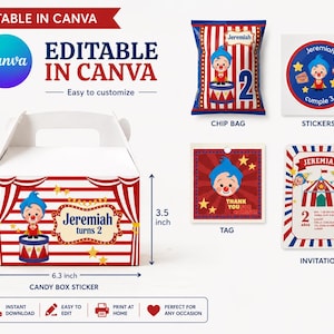 Puede incluir: Un set de fiesta con temática de circo que incluye una caja de dulces blanca con rayas rojas y blancas, un payaso de pelo azul y el texto Jeremiah turns 2. Incluye una bolsa de patatas, pegatinas, una etiqueta de agradecimiento y una invitación.