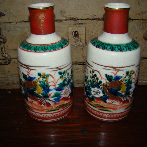 2 Vintage Asian Oriental Japanese Chinese Porcelain Decoration Pottery Hand Painted Burnt Red Green Blue Vases