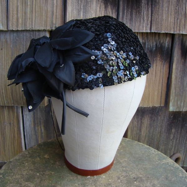 Black Sequin Flower Rhinestone Petals Ladies Flapper Formal Evening Party Hat