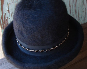 Ladies Union Made Karen K Originals Black Wool Fur Felt Sequin Band Bowler Derby Church Dress (21" around interior) Hat