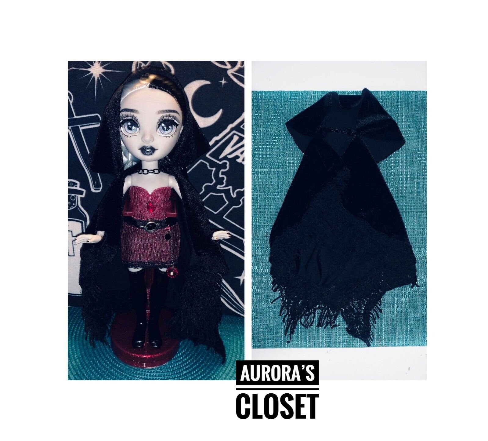 Rainbow High Custom Black Velvet Cape Hand Hole Hood Lace Bottom Cloak