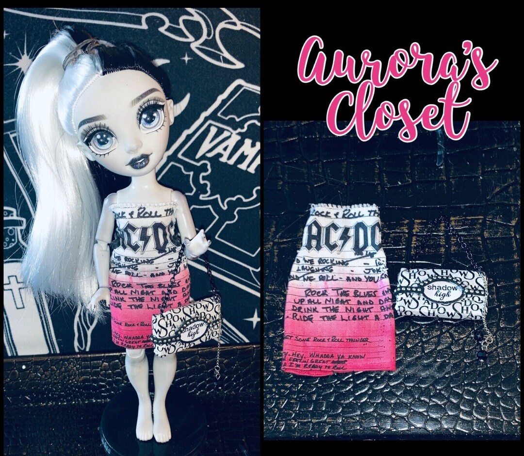 Rainbow High Custom AC/DC Dress Pink Newsprint Ombre Shadow Purse 330 ...