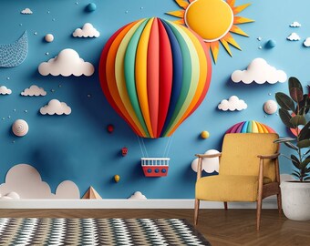 3D Balloon Wallpaper Kids, Removable Infant Room, Non Woven, Rainbow colour Nursery Decor, Easy peel and stick Wall Decal, self adhesive