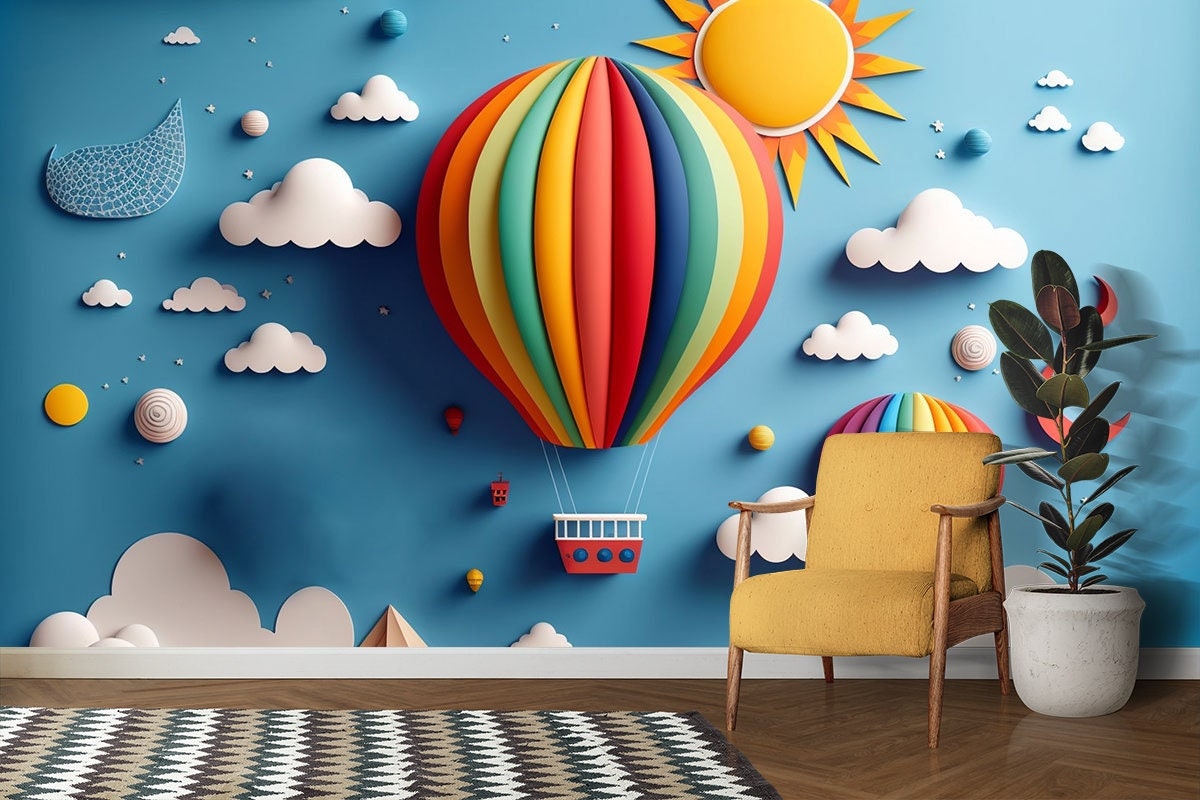 3D Balloon Wallpaper Kids, Removable Infant Room, Non Woven, Rainbow