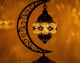Turkish Mosaic Lamp - Crescent Moon Shape, Moroccan Lamps, Antique Home Gift, Unique Decorative Lighting, Bedside Night Light, Lamp Shades