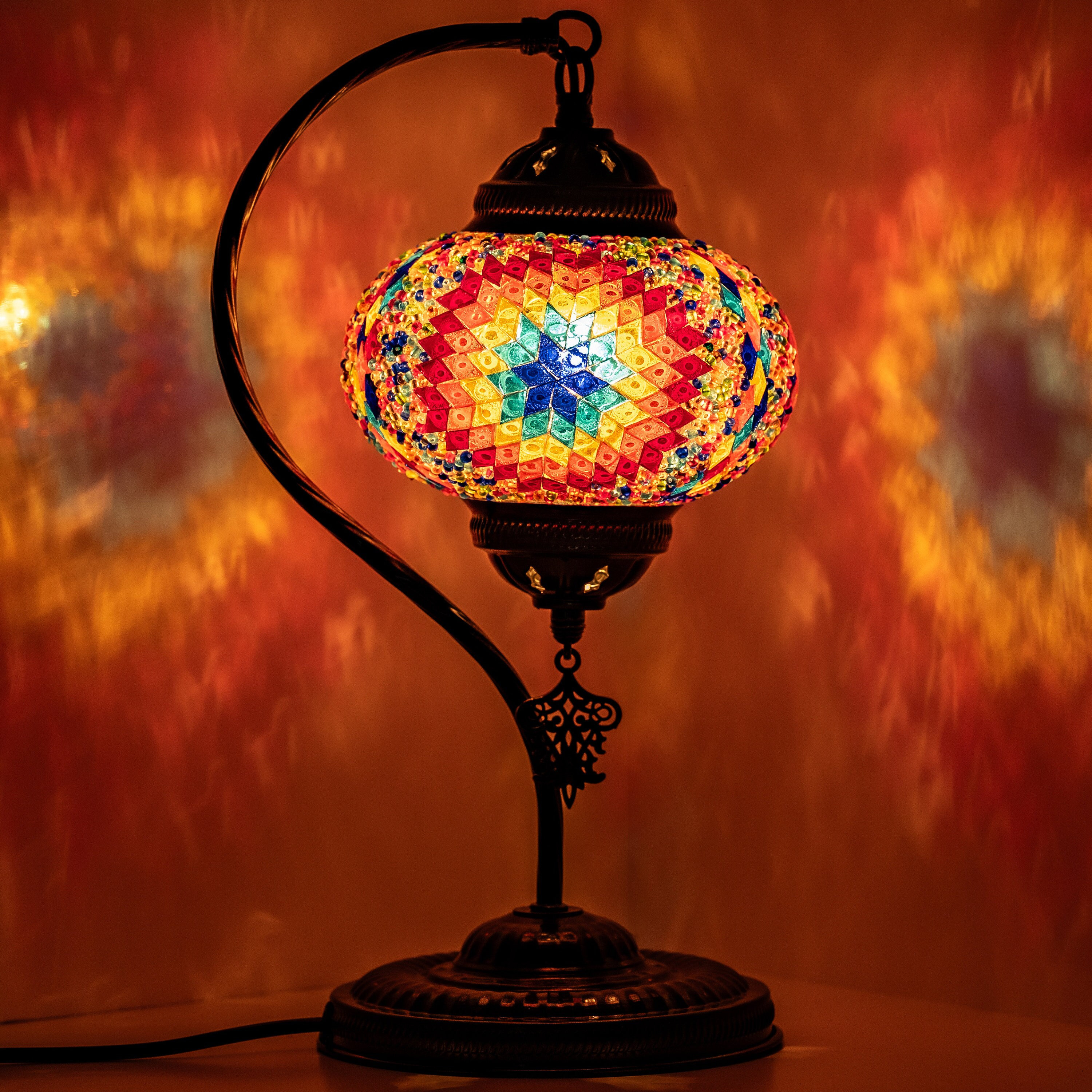 YARRA-DECOR Turkish Moroccan Lamp with Bronze Base - Yarra Decor 3 Color  Options Handmade Swan Neck Tiffany Mosaic Glass Bedside Lamps