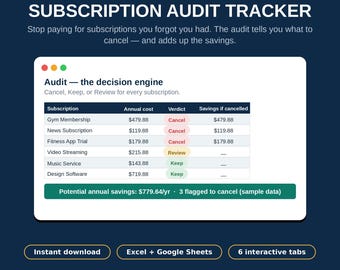 Subscription Tracker Excel Spreadsheet: Subscription Audit with Cancel/Keep Verdicts, Renewal Calendar & Trial Alerts (Google Sheets)