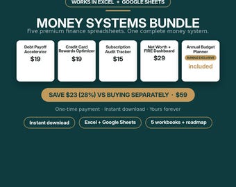 Personal Finance Bundle Excel: Debt Payoff + Budget Planner + Net Worth FIRE Dashboard + Credit Card & Subscription Trackers (Sheets)