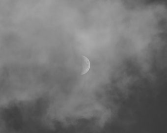 Black and White Half Moon Digital Print - Digital Wall Art, Moon Wallpaper, Desktop Background