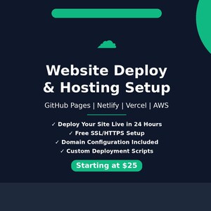 Pode incluir: Gráfico azul escuro com texto branco promovendo serviços de configuração de implantação e hospedagem de sites. O texto inclui "Website Deploy & Hosting Setup", "GitHub Pages | Netlify | Vercel | AWS" e recursos de serviço.