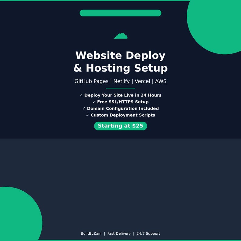 May include: A dark blue graphic with white text promoting website deploy and hosting setup services. The text includes "Website Deploy & Hosting Setup", "GitHub Pages | Netlify | Vercel | AWS", and service features.