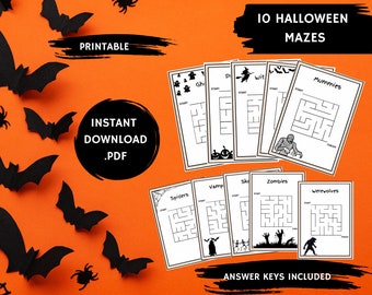 May include: An orange background with black paper bats and spiders. The image features a set of 10 Halloween mazes with illustrations of ghosts, witches, mummies, spiders, vampires, skeletons, zombies, and werewolves. Text includes "Printable", "Instant Download .PDF", and "Answer Keys Included."