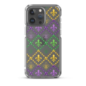 Mardi Gras Border Clear Case para iPhone®, Mardi Gras Party Favor, Mardi Gras iPhone Case, Fleur de lis iPhone Case, Mardi Gras Accesorio