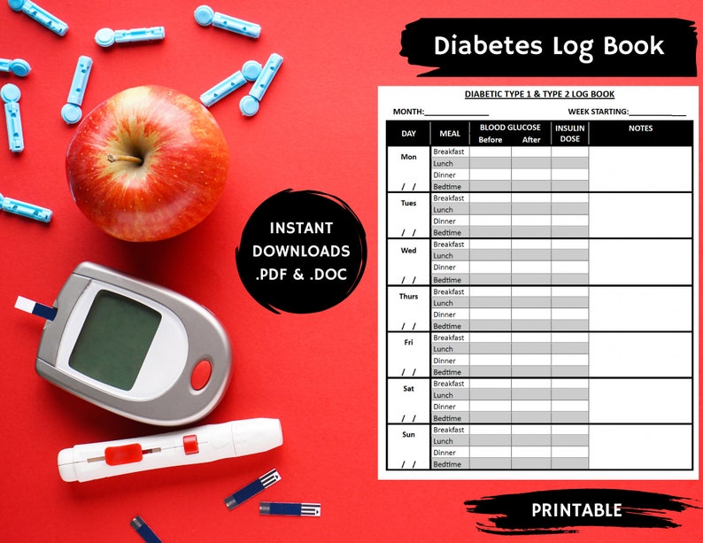 Diabetic Type 1 and Type 2 Log Book .PDF_.DOC, Diabetes Log Book, Medical Notes, Vital Signs