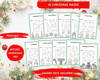 May include: A set of ten printable Christmas mazes with various holiday-themed illustrations, including Christmas trees, snowflakes, reindeer, and Santa Claus. The mazes are outlined in green and include the text "START" and "END". The image also includes the text "PRINTABLE", "INSTANT DOWNLOAD .PDF", and "ANSWER KEYS INCLUDED".