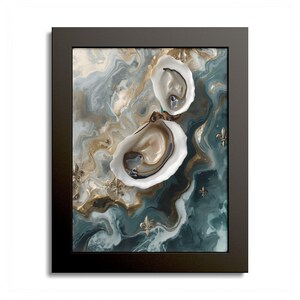 May include: A framed wall art piece featuring two open oyster shells centered on a background of swirling teal, white, and gold marble-like patterns. Several small, metallic gold fleur-de-lis symbols are scattered across the fluid design.