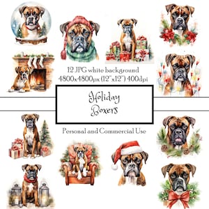 Holiday Boxer Dogs Watercolor Clipart: 12 Christmas Dog JPG White Background Images (Digital Download)