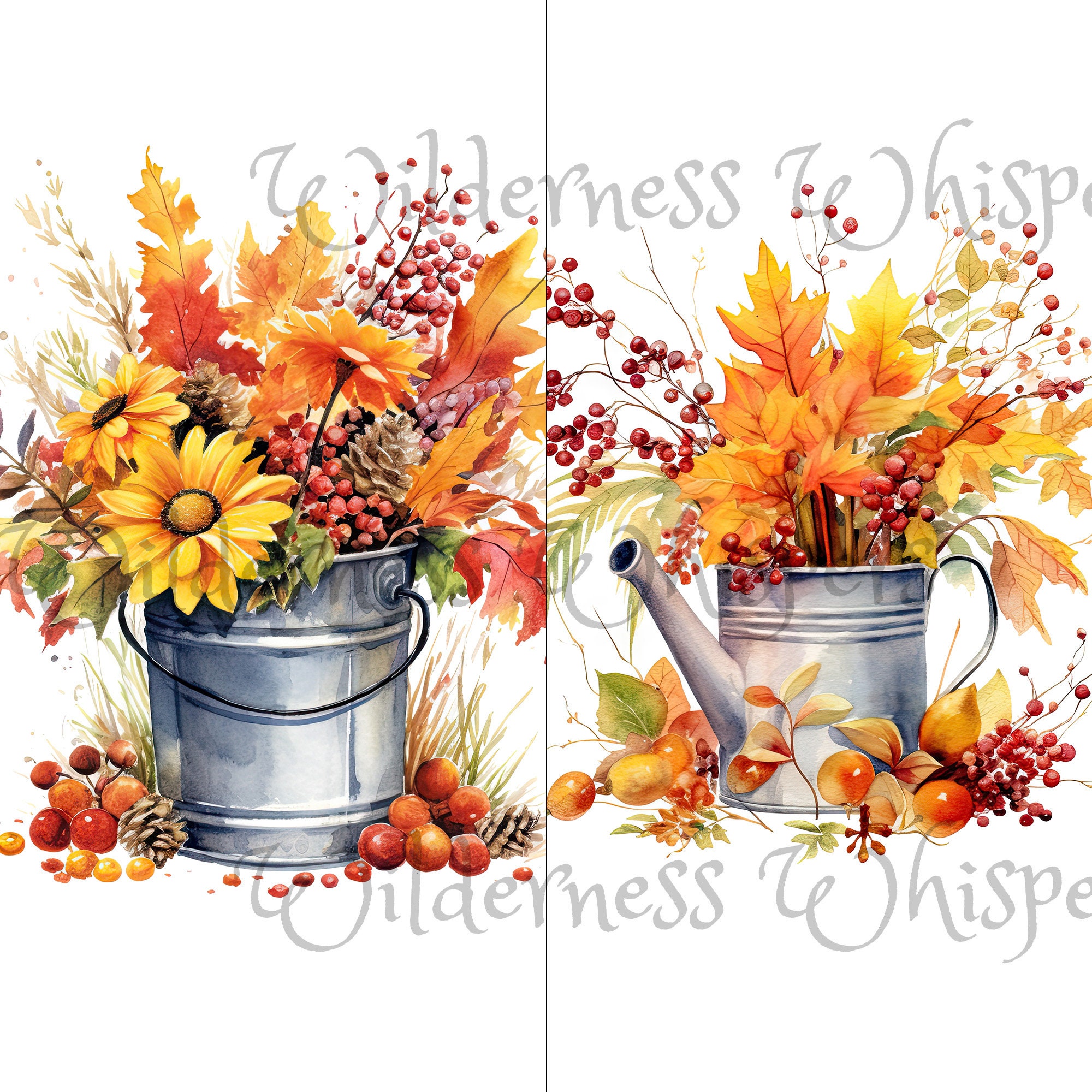 Fall Flowers in Buckets 12 JPG Watercolor Clipart Instant Download ...