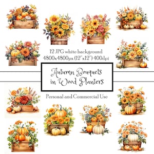 Herbst Blumensträuße in rustikalen Holz Pflanzer 12 JPG Aquarell Clipart Sofort Download | Karten Junk Journal Collage Scrapbook | Kommerzielle Nutzung