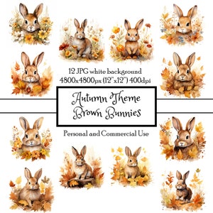 Brown Bunnies Fall Forest 12 JPG Acuarela Clipart Descarga instantánea / Tarjetas Junk Journal Collage Scrapbooking Fussy Cut / Uso comercial