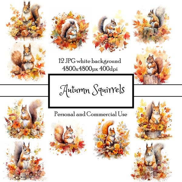 Autumn Fall Squirrels 12 JPG Watercolor Clipart Instant Download | Cards, Junk Journals, Collage, Scrapbooking, Fussy Cut | Commercial Use