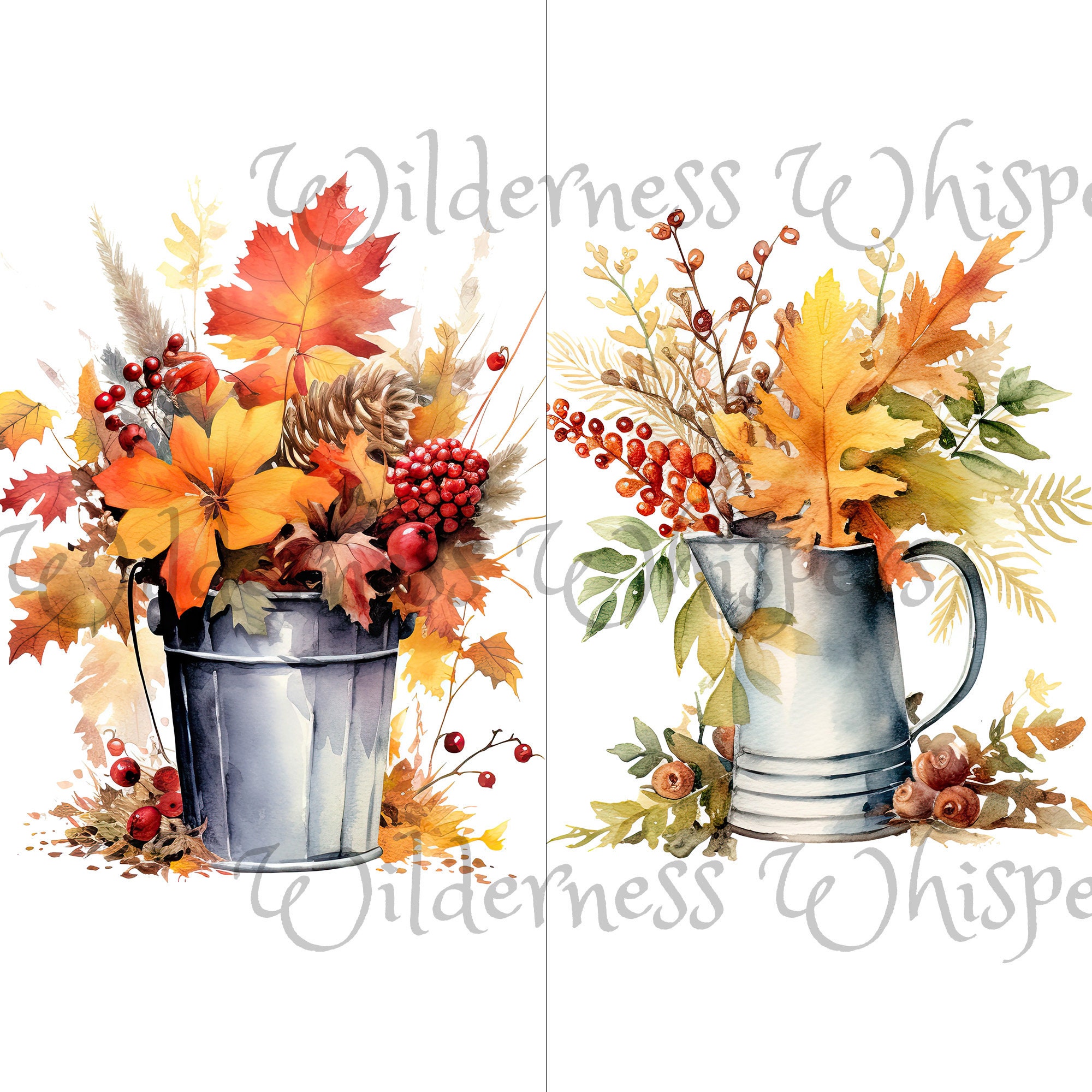 Fall Flowers in Buckets 12 JPG Watercolor Clipart Instant Download ...