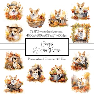Corgis Autumn Fall Garden 12 JPG Watercolor Clipart Instant Download | Cards Junk Journal Collage Scrapbooking Fussy Cut | Commercial Use