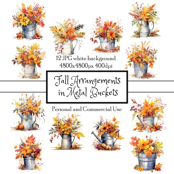 Fall Flowers in Buckets 12 JPG Watercolor Clipart Instant Download | Cards, Junk Journals, Collage, Scrapbooking, Fussy Cut | Commercial Use