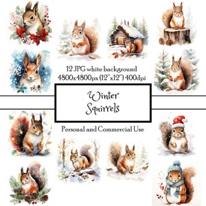 Hiver écureuils vacances Noël 12 JPG aquarelle Clipart Instant Download | Cartes Junk Journal Collage Scrapbooking | Utilisation commerciale