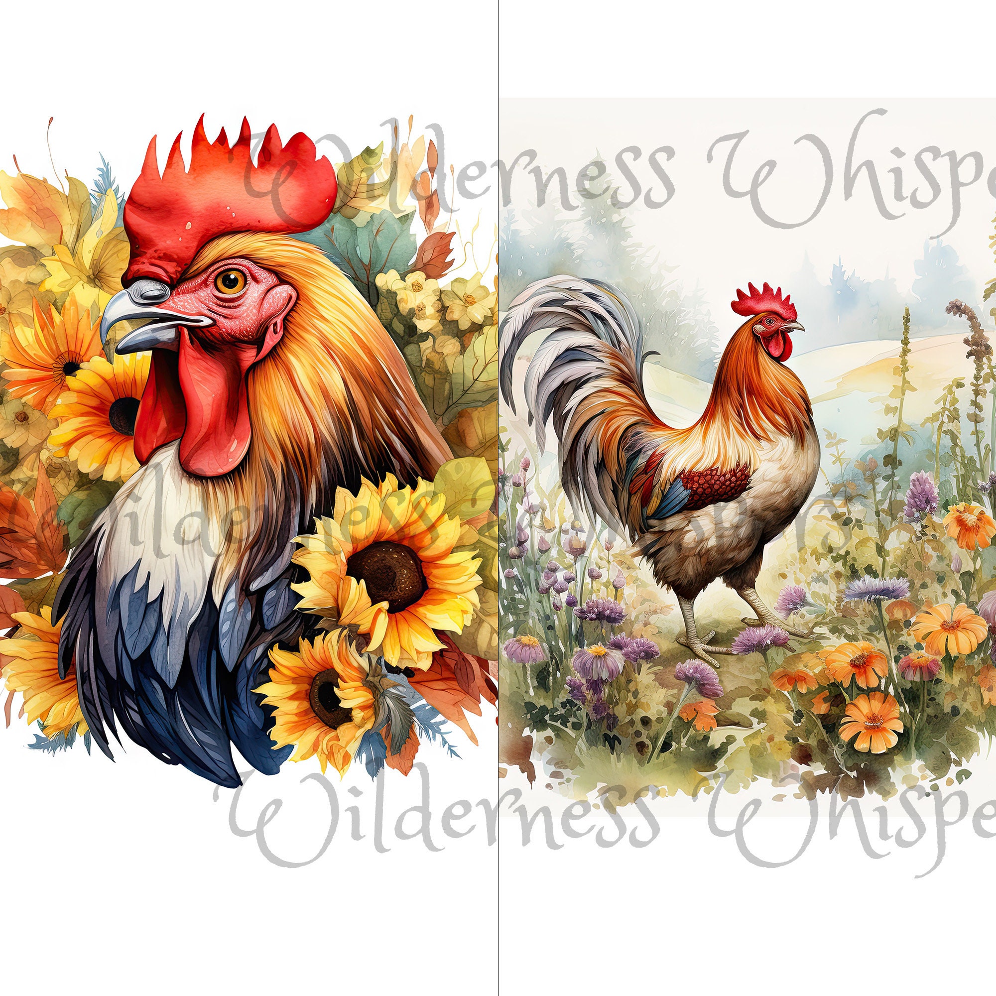 Rooster Fall Graphics Autumn Roosters Watercolor Clipart: 12 Fall Farm JPG White Background ...