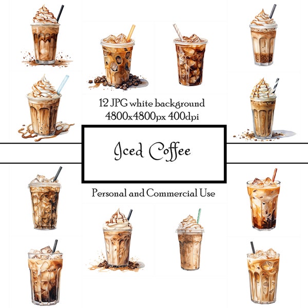 Iced Coffee 12 JPG Watercolor Clipart Instant Download | Cards, Junk Journals, Collage, Scrapbooking, Fussy Cut | Commercial Use