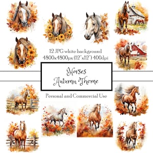Cavalli Autunno Autunno Fattoria 12 JPG Acquerello Clipart Download istantaneo / Carte Junk Journal Collage Scrapbooking Fussy Cut / Uso commerciale