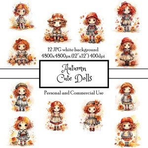 Cute Autumn Fall Dolls 12 JPG Acuarela Clipart Descarga instantánea / Tarjetas Junk Journal Collage Scrapbooking Fussy Cut / Uso comercial