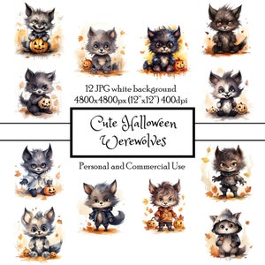 Cute Halloween Werewolf Adorable Werewolves 12 JPG Watercolor Clipart Instant Download | Cards Journal Collage Scrapbooking | Commercial Use