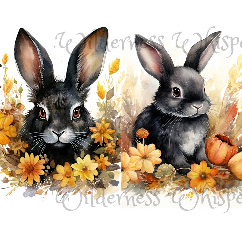 Autumn Watercolor Rabbit Black Bunnies Fall Forest 12 JPG Watercolor Clipart Instant Download ...