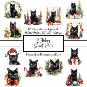 Schwarze Katzen Urlaub Weihnachten Winter 12 JPG Aquarell Clipart Sofort Download | Karten Junk Journal Collage Scrapbooking | Kommerzielle Nutzung
