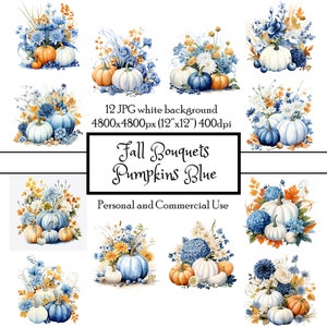 Herbst Blumensträuße Kürbisse blau weiß 12 JPG Aquarell Clipart Sofortiger Download | Karten Junk Journal Collage Scrapbooking | Kommerzielle Nutzung