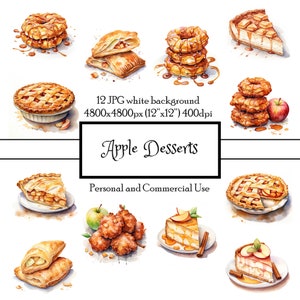 Sobremesas de maçã, tortas, bolinhos, 12 JPG, aquarela, clipart, download instantâneo | Cartões Junk Journal Collage Scrapbooking | Uso comercial