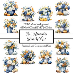 Herfst bloemen in metalen emmers blauw wit 12 JPG aquarel clipart Instant Download | Kaarten Journal Collage Scrapbooking | Commercieel gebruik