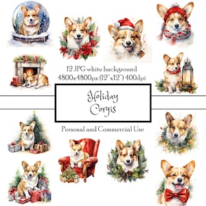 Holiday Corgis Christmas Dog 12 JPG Watercolor Clipart Instant Download | Cards Junk Journal Collage Scrapbooking Fussy Cut | Commercial Use