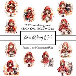 Cute Little Red Riding Hood and Wolf 12 JPG Watercolor Clipart Instant Download | Cards Junk Journal Collage Scrapbooking | Commercial Use