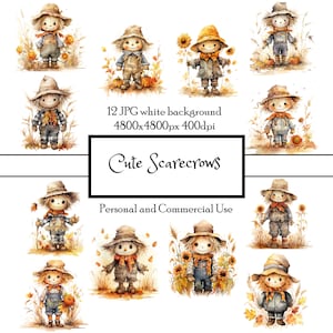 Cute Scarecrows 12 JPG Watercolor Clipart Instant Download | Cards, Junk Journals, Collage, Scrapbooking, Fussy Cut | Commercial Use